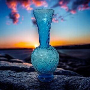 Empoli Glass Embossed Vase Flared Blue Textured‎ Italian Ikebana MCM Abstract